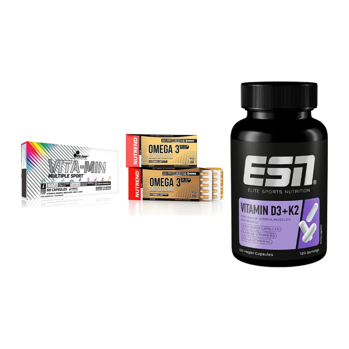 Grundversorgung: Olimp Vita-Min + Nutrend Omega 3 + ESN Vitamin D3 – alle enthaltenen Artikel
