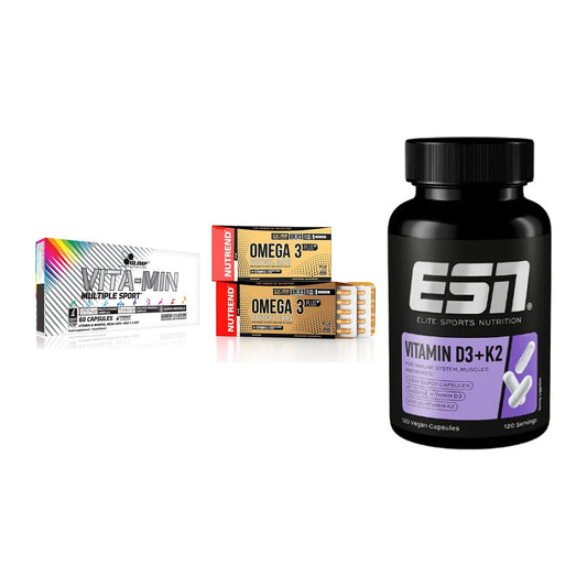Grundversorgung: Olimp Vita-Min + Nutrend Omega 3 + ESN Vitamin D3 – alle enthaltenen Artikel