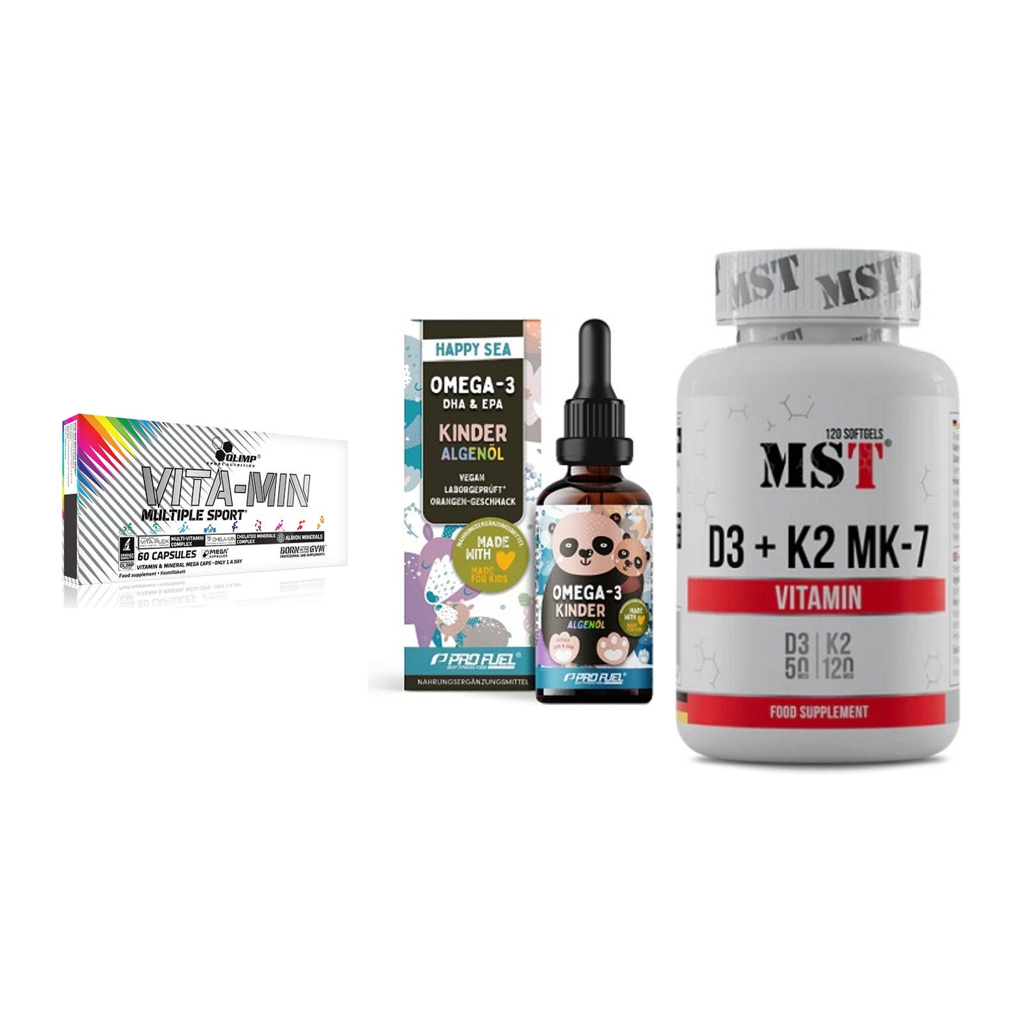 Grundversorgung: Olimp Vita-Min + ProFuel OMEGA-3 + MST Vitamin D3 – alle enthaltenen Artikel
