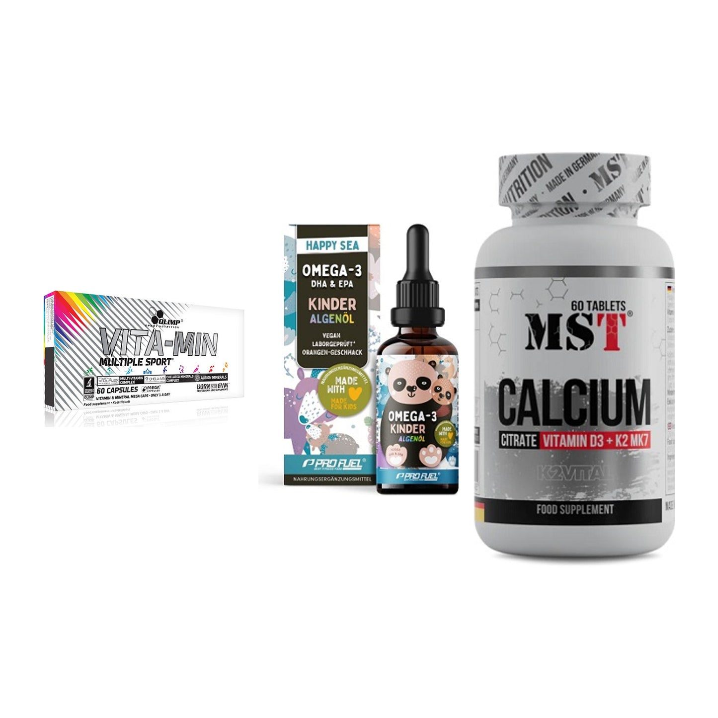 Grundversorgung: Olimp Vita-Min + ProFuel OMEGA-3 + MST Calcium – alle enthaltenen Artikel