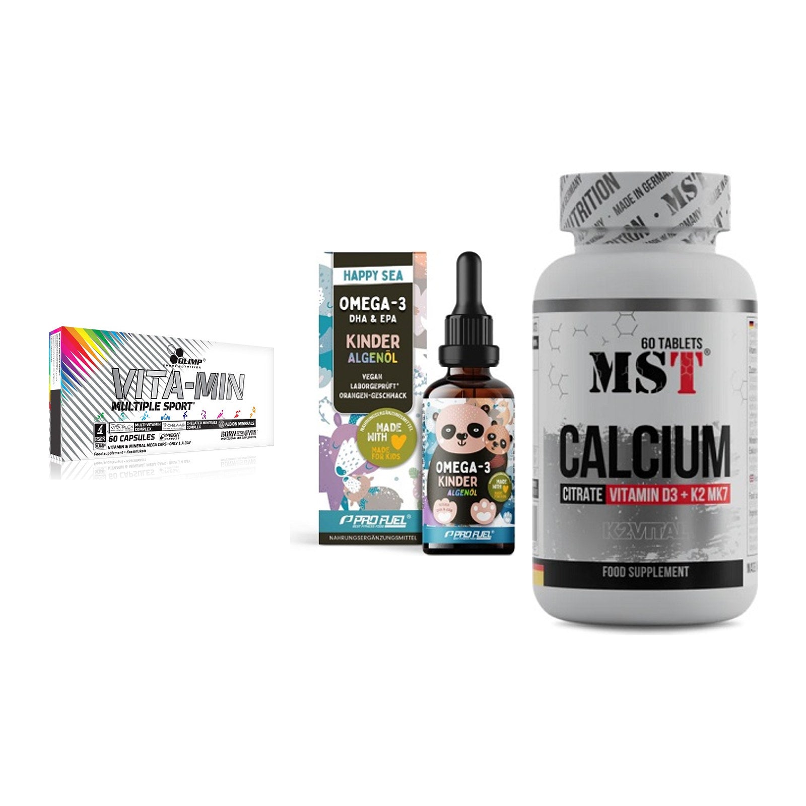 Grundversorgung: Olimp Vita-Min + ProFuel OMEGA-3 + MST Calcium – alle enthaltenen Artikel