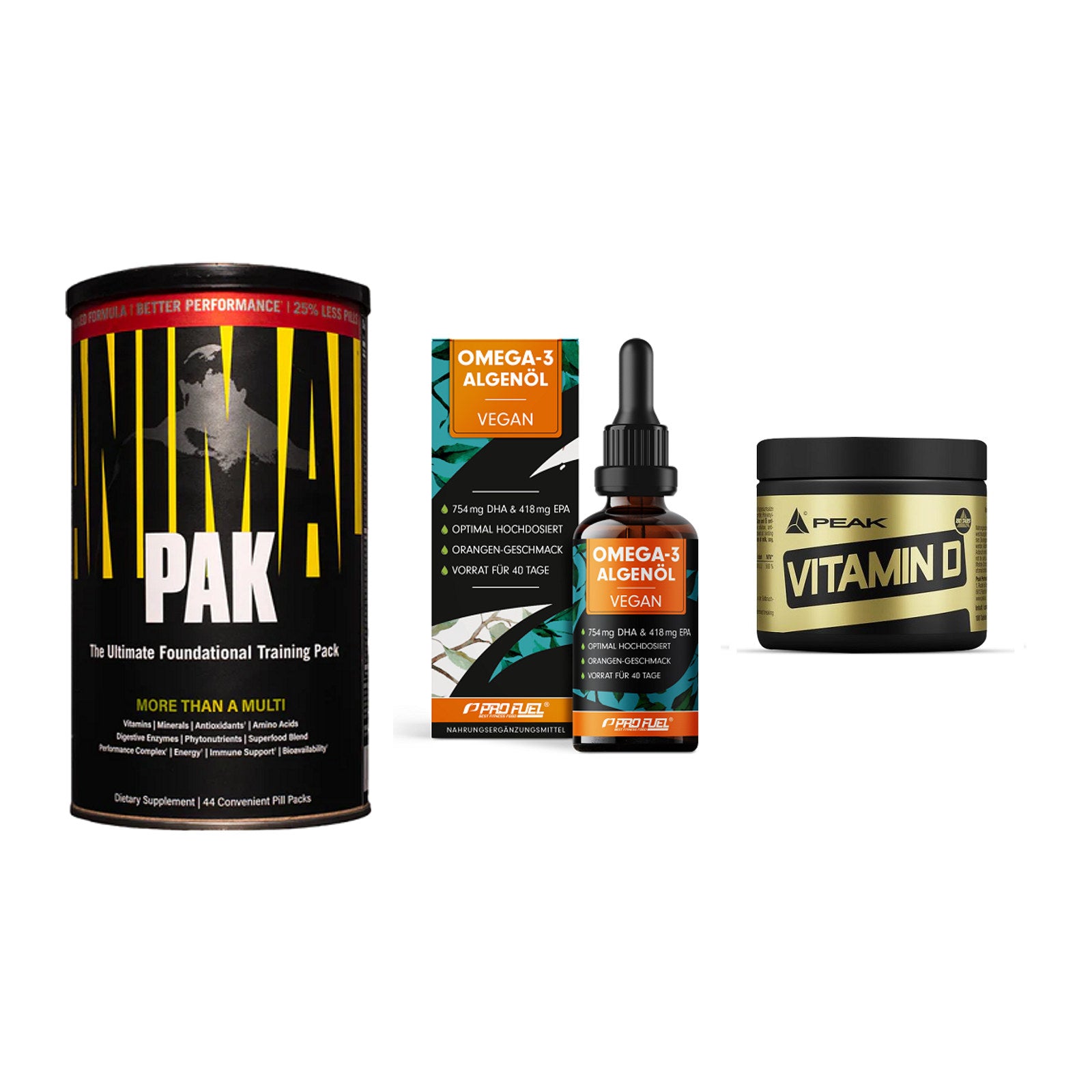 Grundversorgung: Universal + ProFuel Omega 3 + Peak Vitamin D – alle enthaltenen Artikel