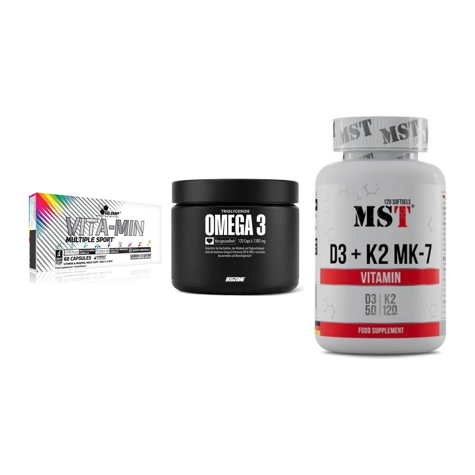Grundversorgung: Olimp Vita-Min + Big Zone Omega + MST Vitamin D3 – alle enthaltenen Artikel
