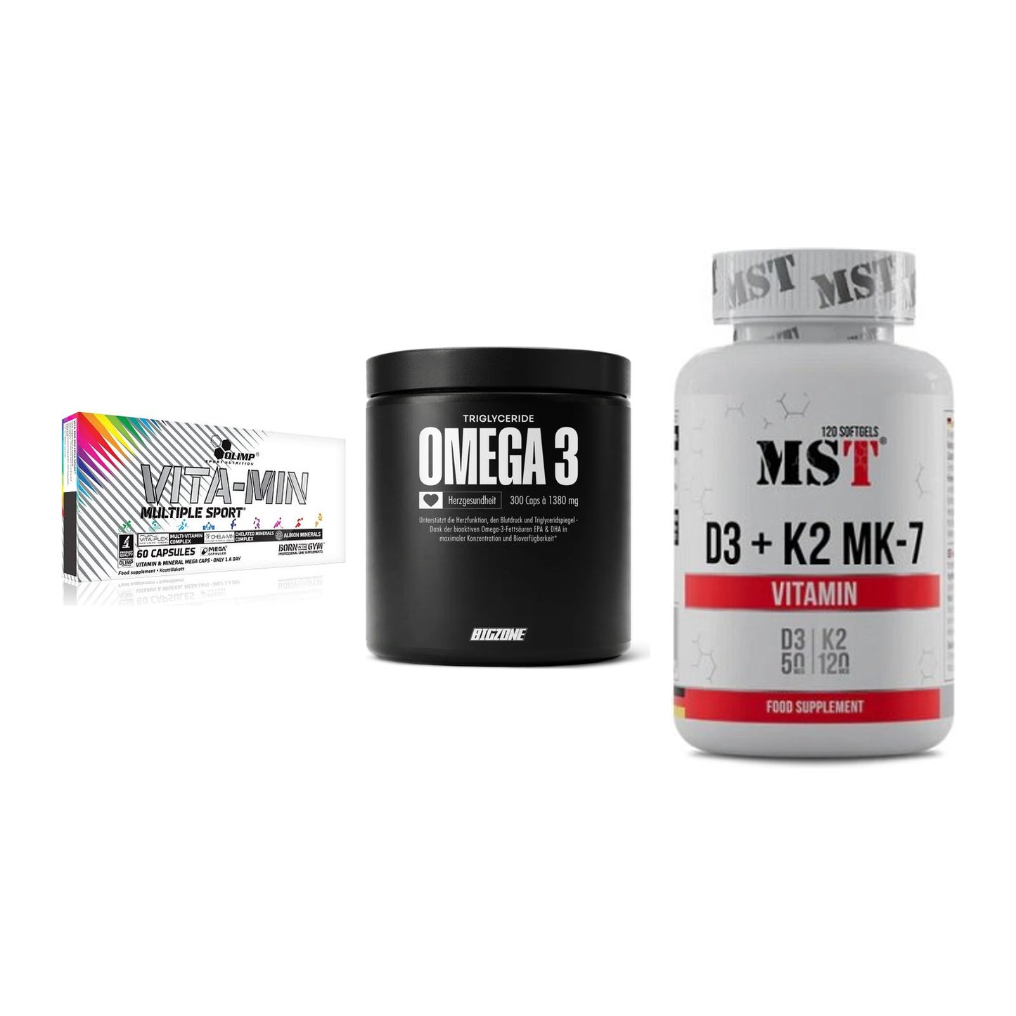Grundversorgung: Olimp Vita-Min + Big Zone Omega + MST Vitamin D3 – alle enthaltenen Artikel