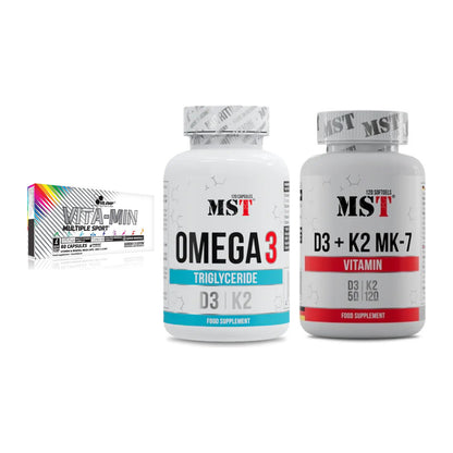 Grundversorgung: Olimp Vita-Min + MST Omega 3 500 + MST Vitamin D3 – alle enthaltenen Artikel