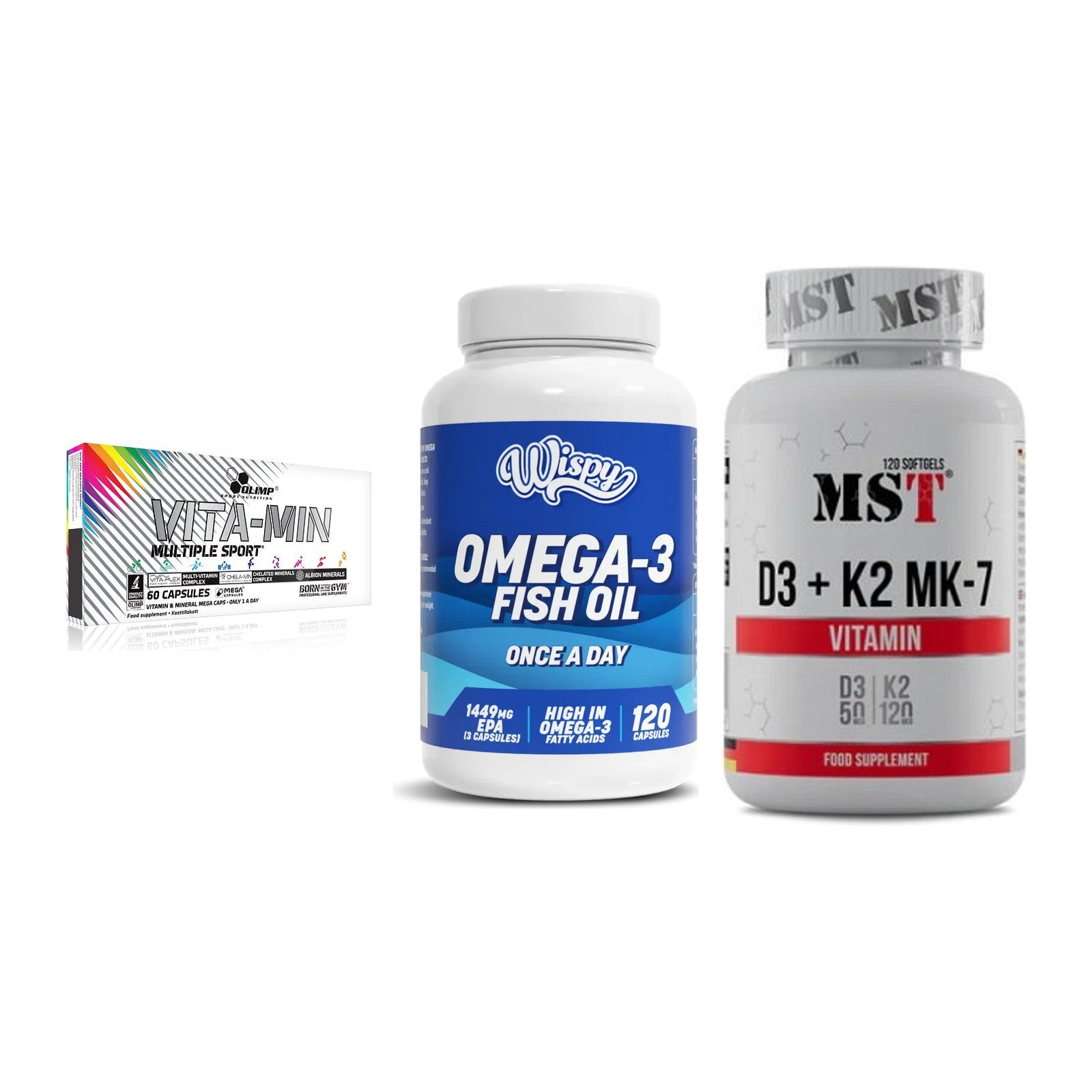 Grundversorgung: Olimp Vita-Min + Wispy Omega 3 + MST Vitamin D3 – alle enthaltenen Artikel