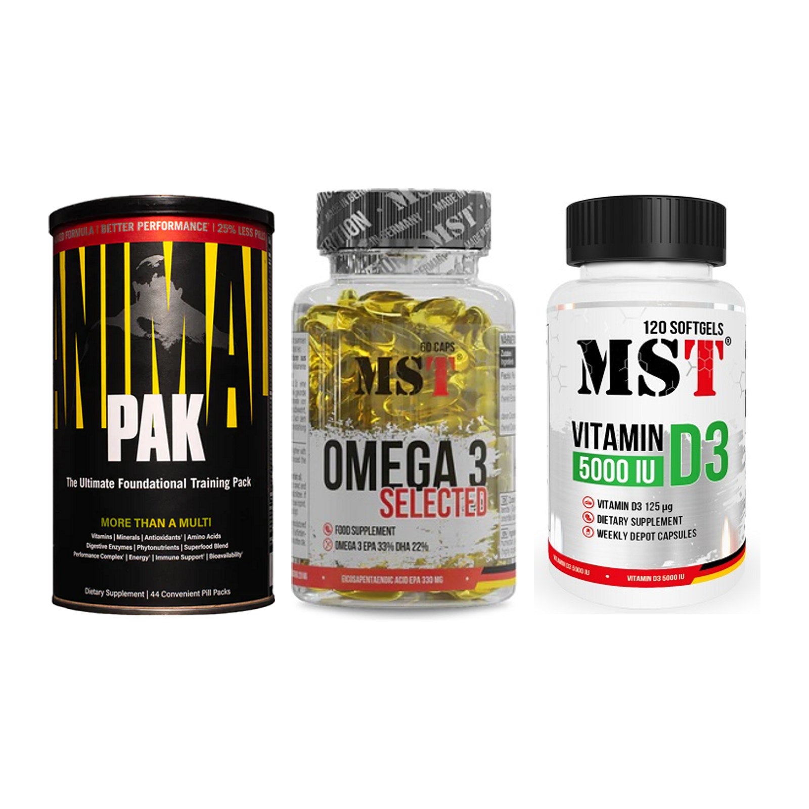 Grundversorgung: Universal + MST Omega 3 + MST Vitamin D3 – alle enthaltenen Artikel