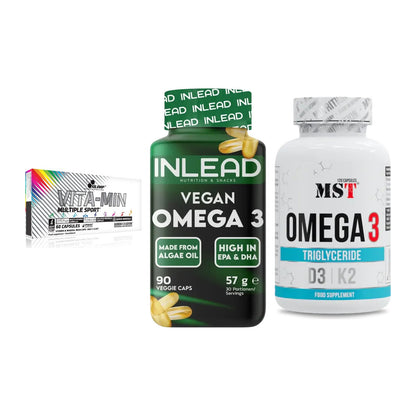 Grundversorgung: Olimp Vita-Min + INLEAD Vegan + MST Omega 3 500 – alle enthaltenen Artikel