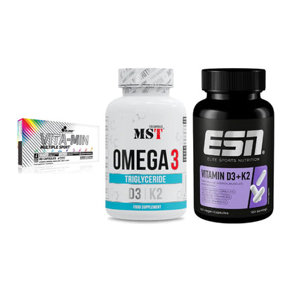 Grundversorgung: Olimp Vita-Min + MST Omega 3 500 + ESN Vitamin D3 – alle enthaltenen Artikel