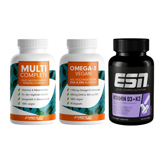 Grundversorgung: ProFuel MULTI + ProFuel Omega 3 + ESN Vitamin D3 – alle enthaltenen Artikel