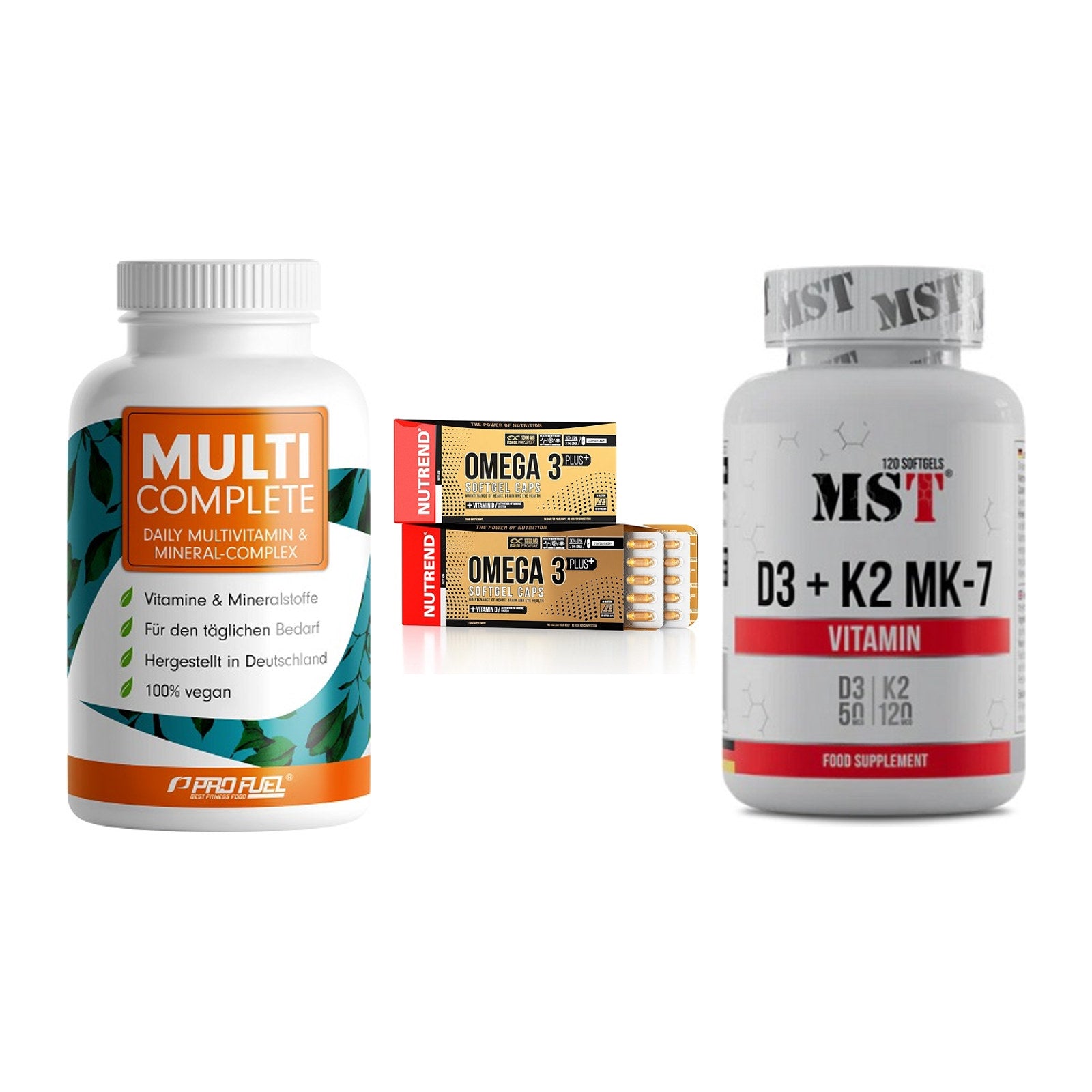 Grundversorgung: ProFuel MULTI + Nutrend Omega 3 + MST Vitamin D3 – alle enthaltenen Artikel