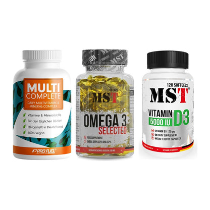 Grundversorgung: ProFuel MULTI + MST Omega 3 + MST Vitamin D3 – alle enthaltenen Artikel