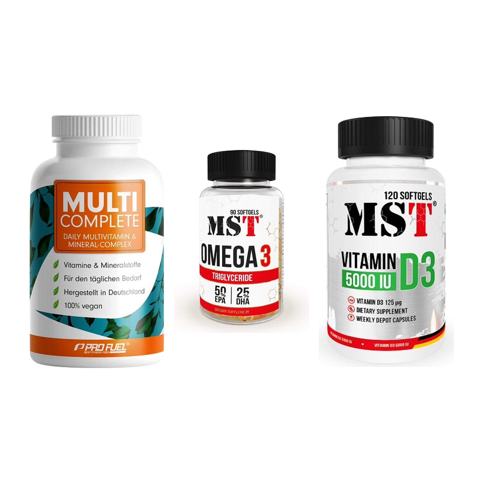 Grundversorgung: ProFuel MULTI + MST Omega 3 + MST Vitamin D3 – alle enthaltenen Artikel