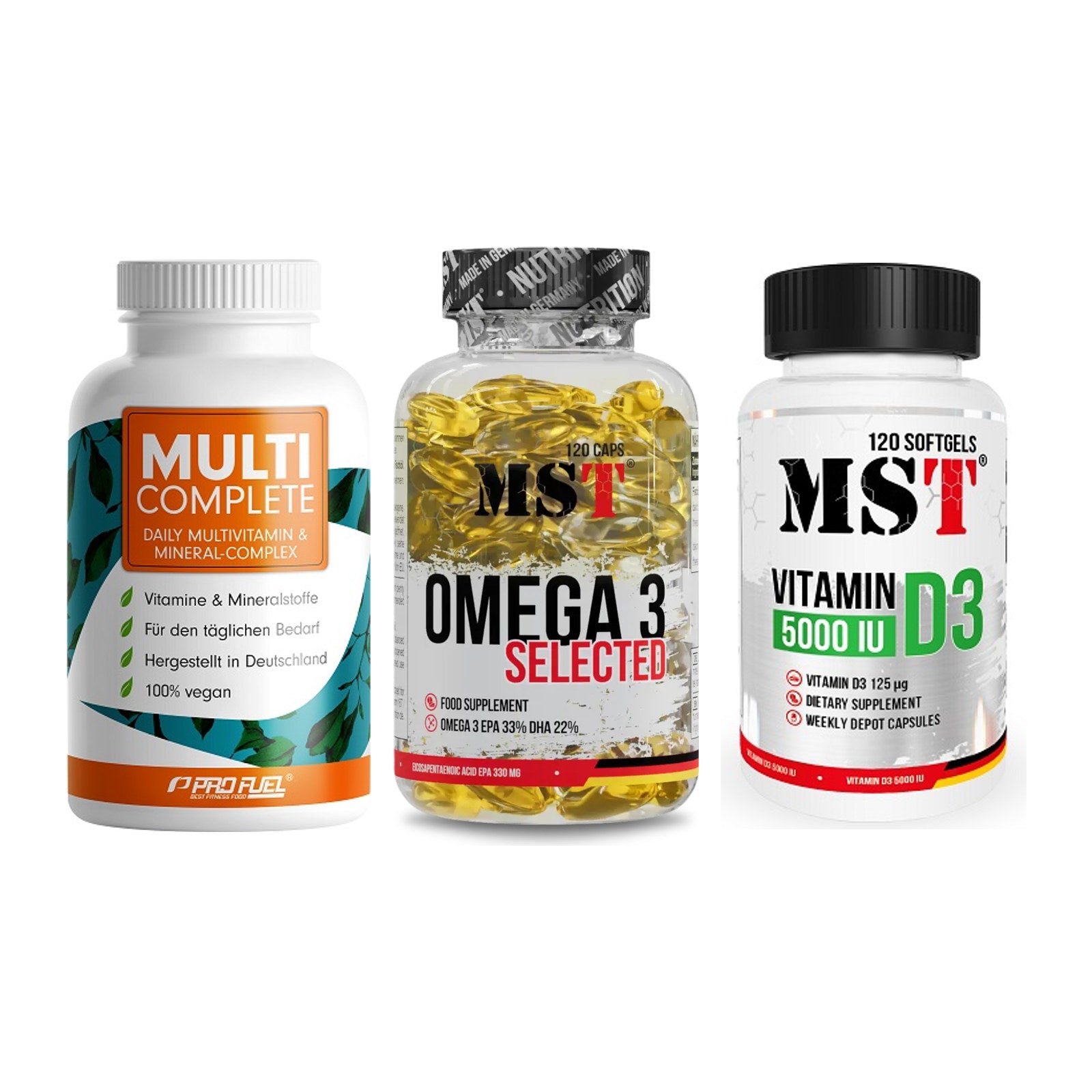 Grundversorgung: ProFuel MULTI + MST Omega 3 + MST Vitamin D3 – alle enthaltenen Artikel