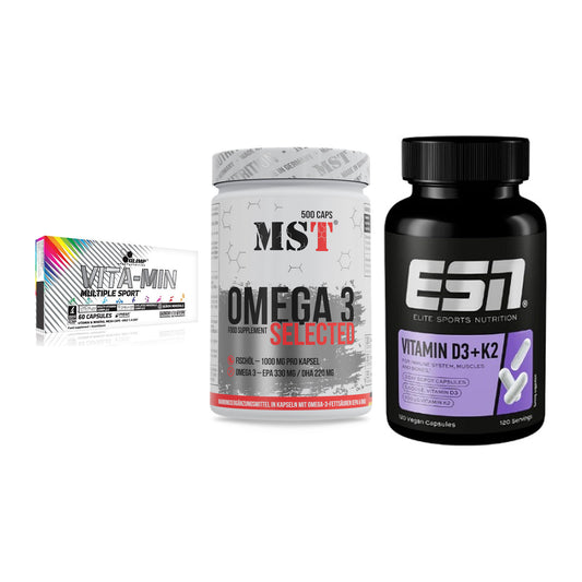 Grundversorgung: Olimp Vita-Min + MST Omega 3 + ESN Vitamin D3 – alle enthaltenen Artikel