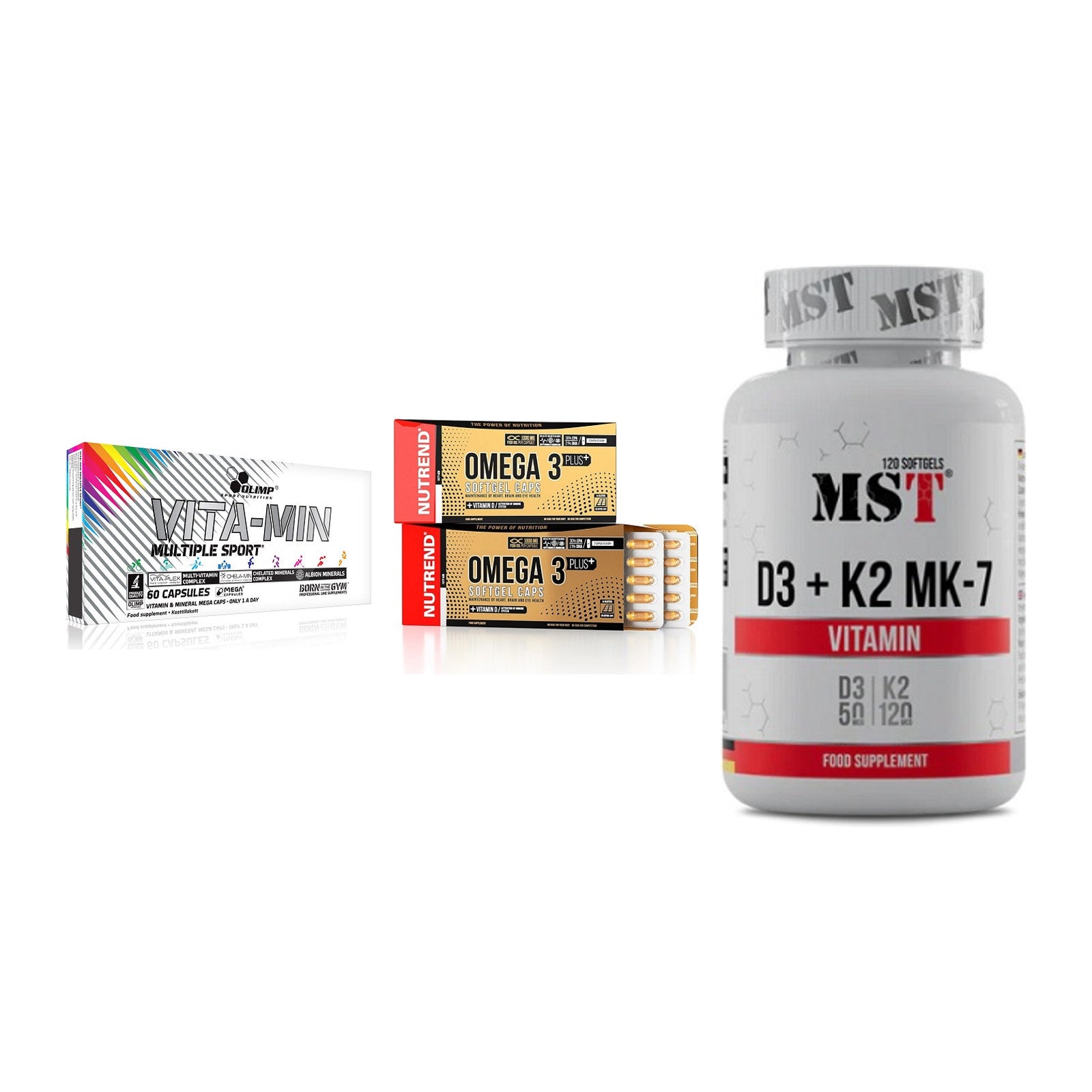Grundversorgung: Olimp Vita-Min + Nutrend Omega 3 + MST Vitamin D3 – alle enthaltenen Artikel