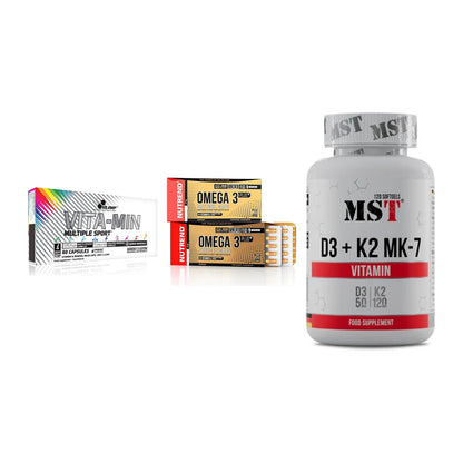 Grundversorgung: Olimp Vita-Min + Nutrend Omega 3 + MST Vitamin D3 – alle enthaltenen Artikel