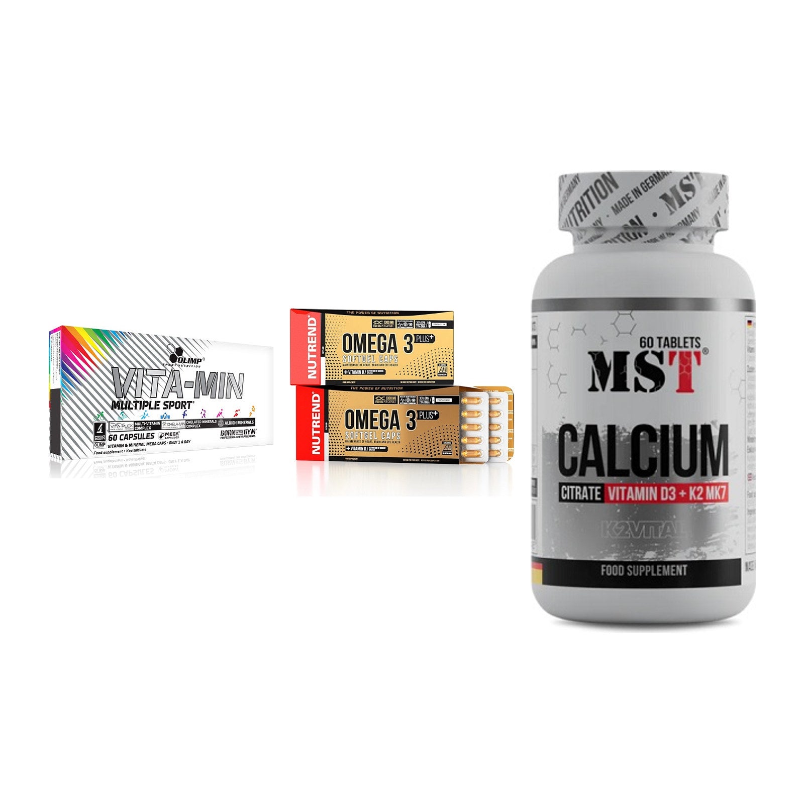 Grundversorgung: Olimp Vita-Min + Nutrend Omega 3 + MST Calcium – alle enthaltenen Artikel