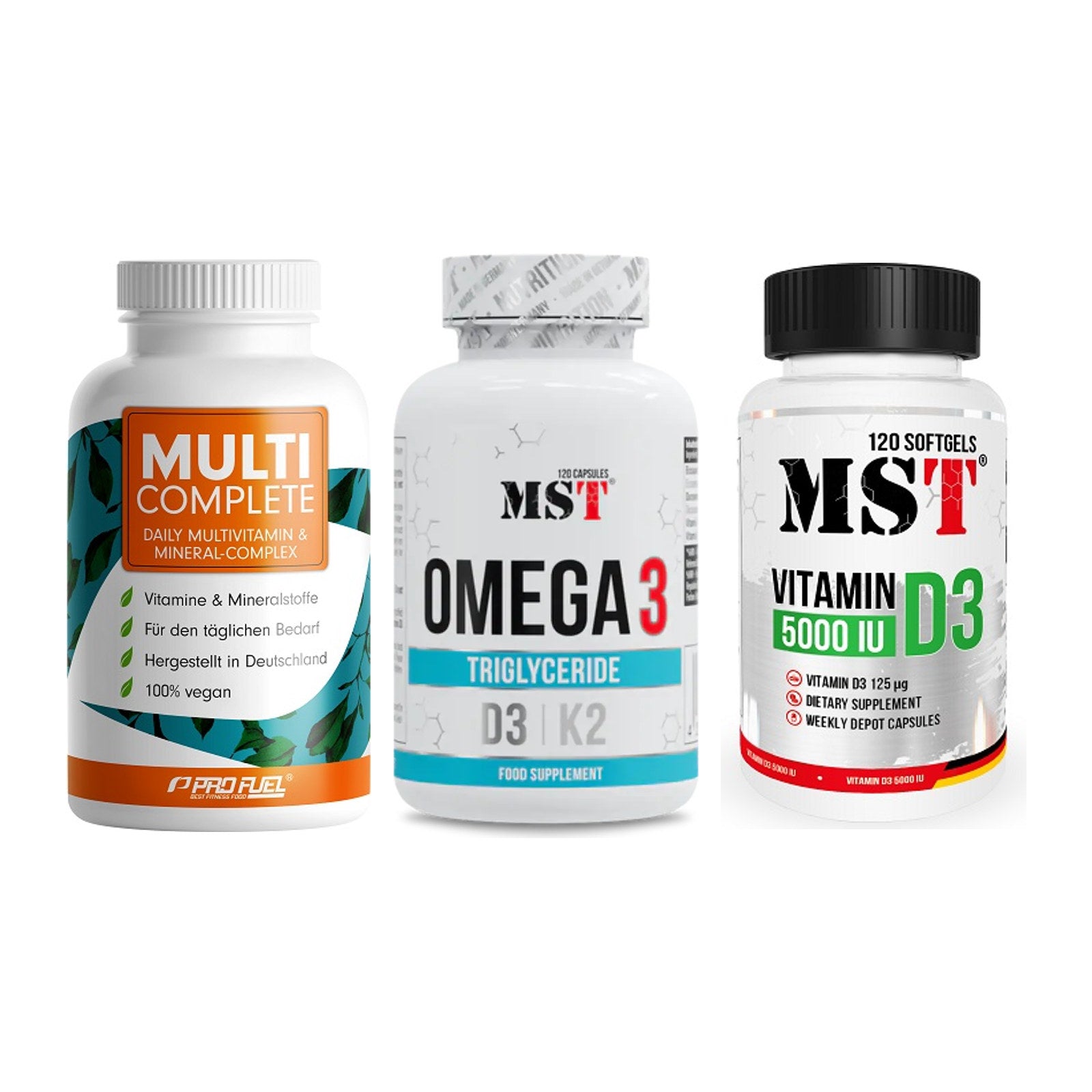 Grundversorgung: ProFuel MULTI + MST Omega 3 500 + MST Vitamin D3 – alle enthaltenen Artikel