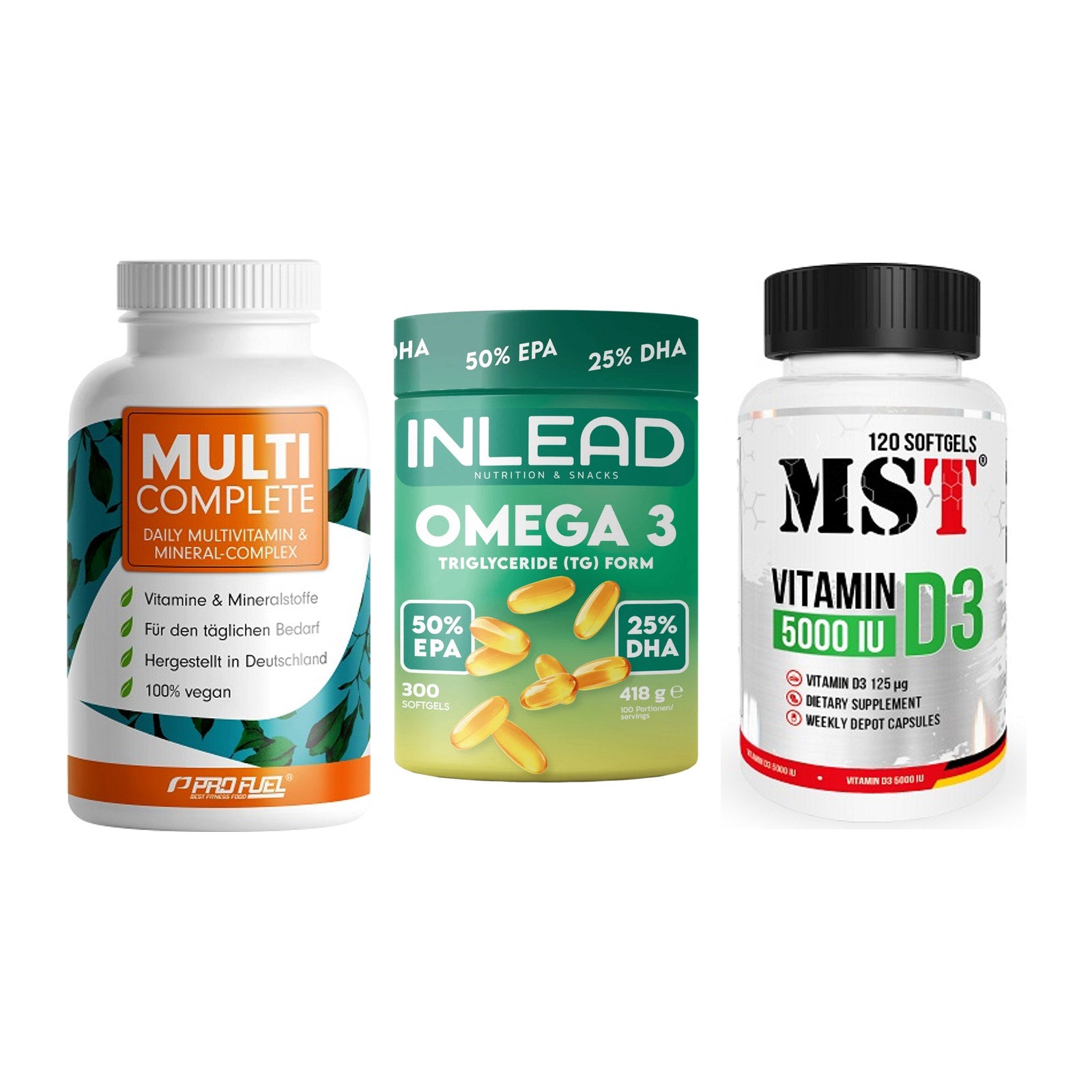 Grundversorgung: ProFuel MULTI + INLEAD Omega-3 + MST Vitamin D3 – alle enthaltenen Artikel