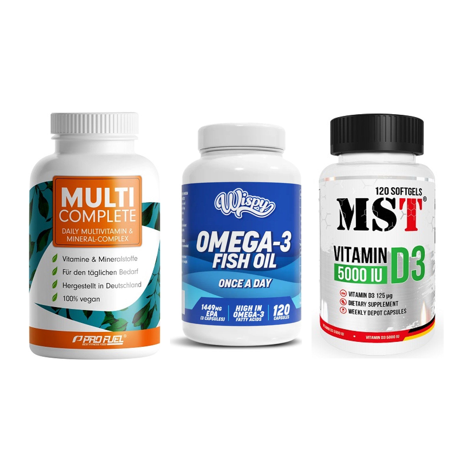 Grundversorgung: ProFuel MULTI + Wispy Omega 3 + MST Vitamin D3 – alle enthaltenen Artikel