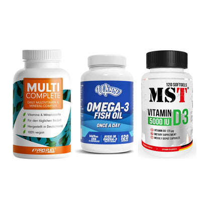 Grundversorgung: ProFuel MULTI + Wispy Omega 3 + MST Vitamin D3 – alle enthaltenen Artikel