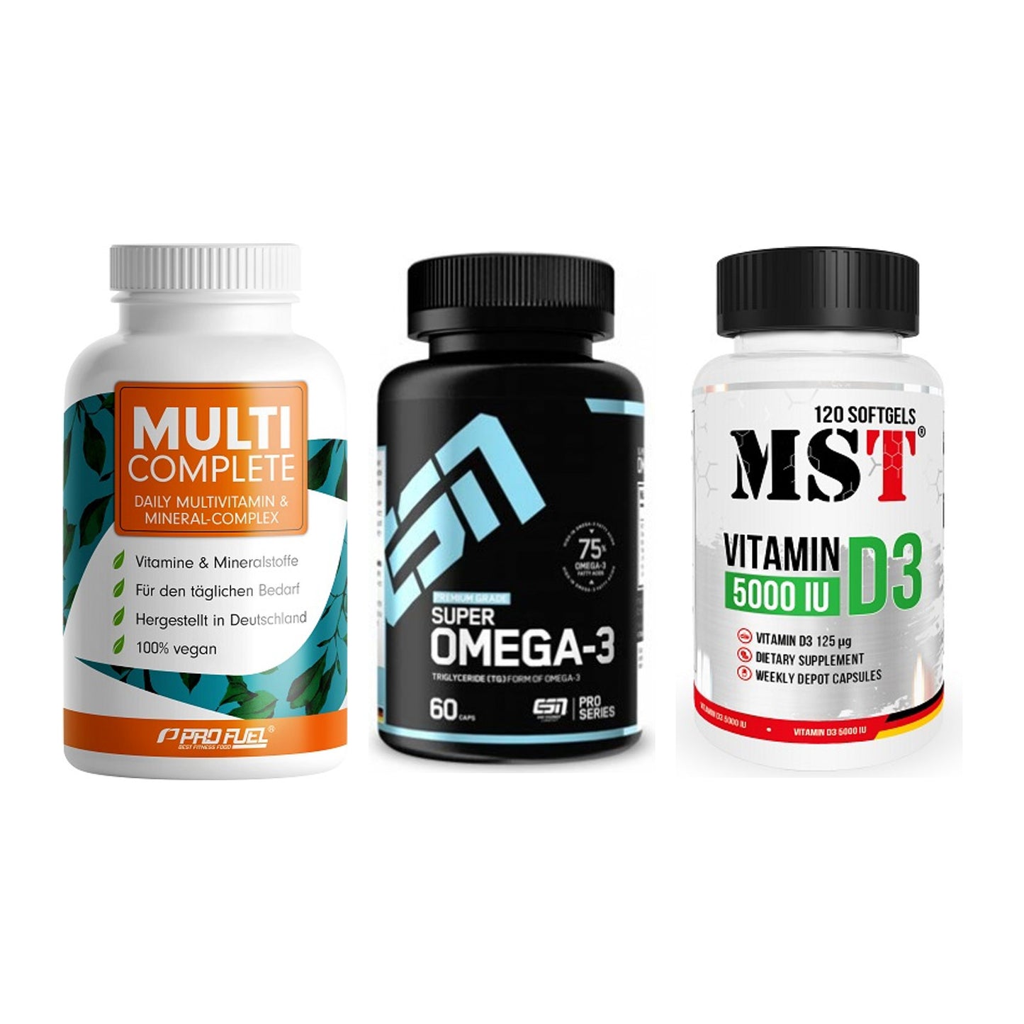 Grundversorgung: ProFuel MULTI + ESN Omega 3 + MST Vitamin D3 – alle enthaltenen Artikel
