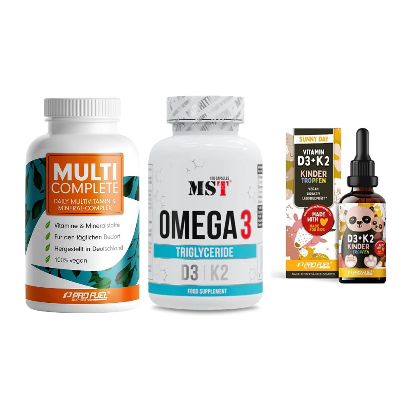 Grundversorgung: ProFuel MULTI + MST Omega 3 500 + ProFuel VITAMIN – alle enthaltenen Artikel