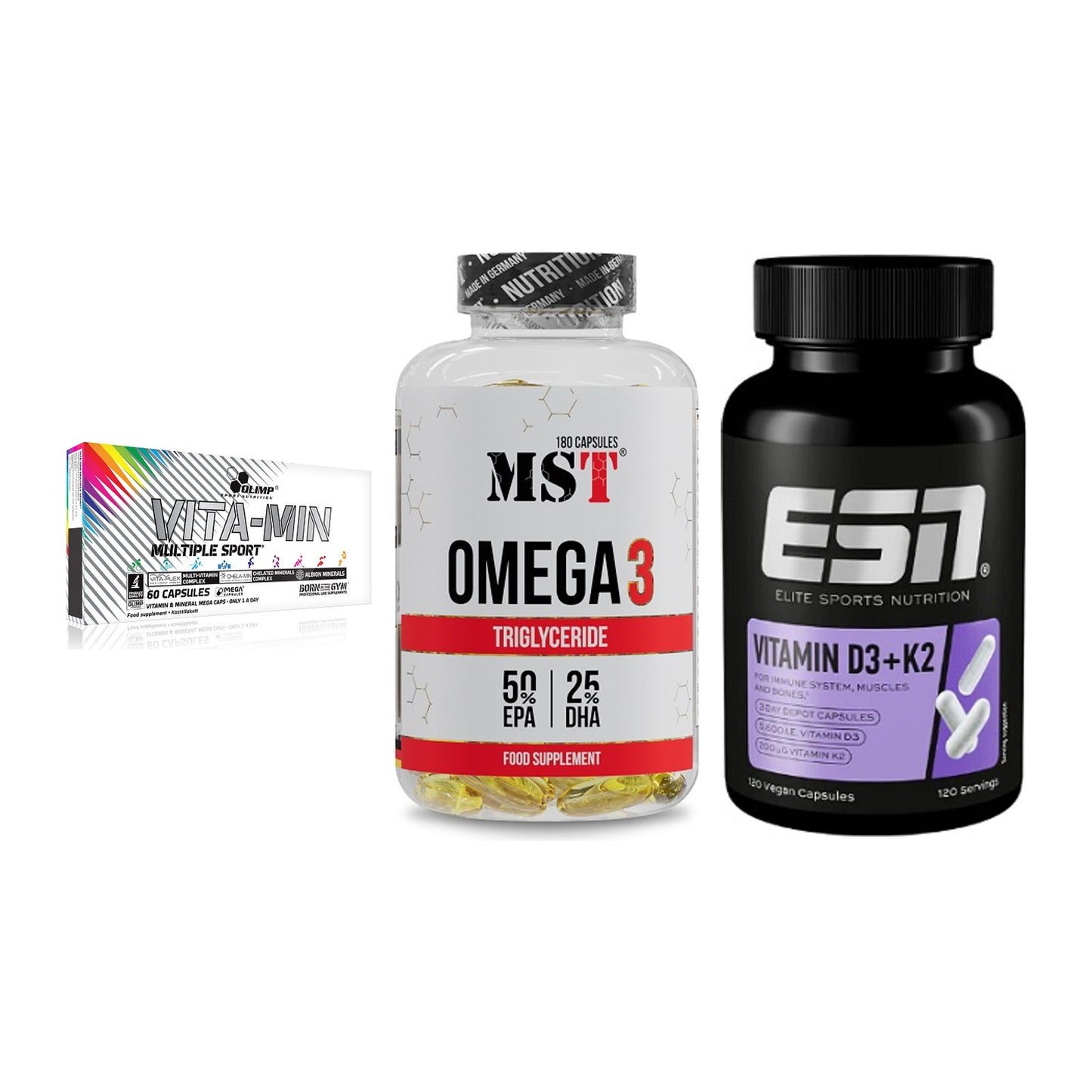 Grundversorgung: Olimp Vita-Min + MST Omega 3 + ESN Vitamin D3 – alle enthaltenen Artikel