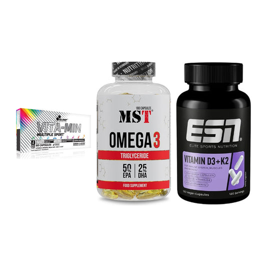 Grundversorgung: Olimp Vita-Min + MST Omega 3 + ESN Vitamin D3 – alle enthaltenen Artikel