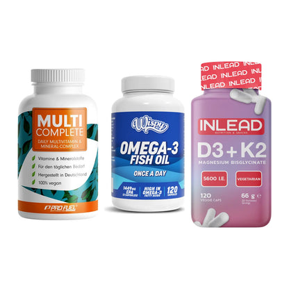 Grundversorgung: ProFuel MULTI + Wispy Omega 3 + INLEAD Vitamin – alle enthaltenen Artikel