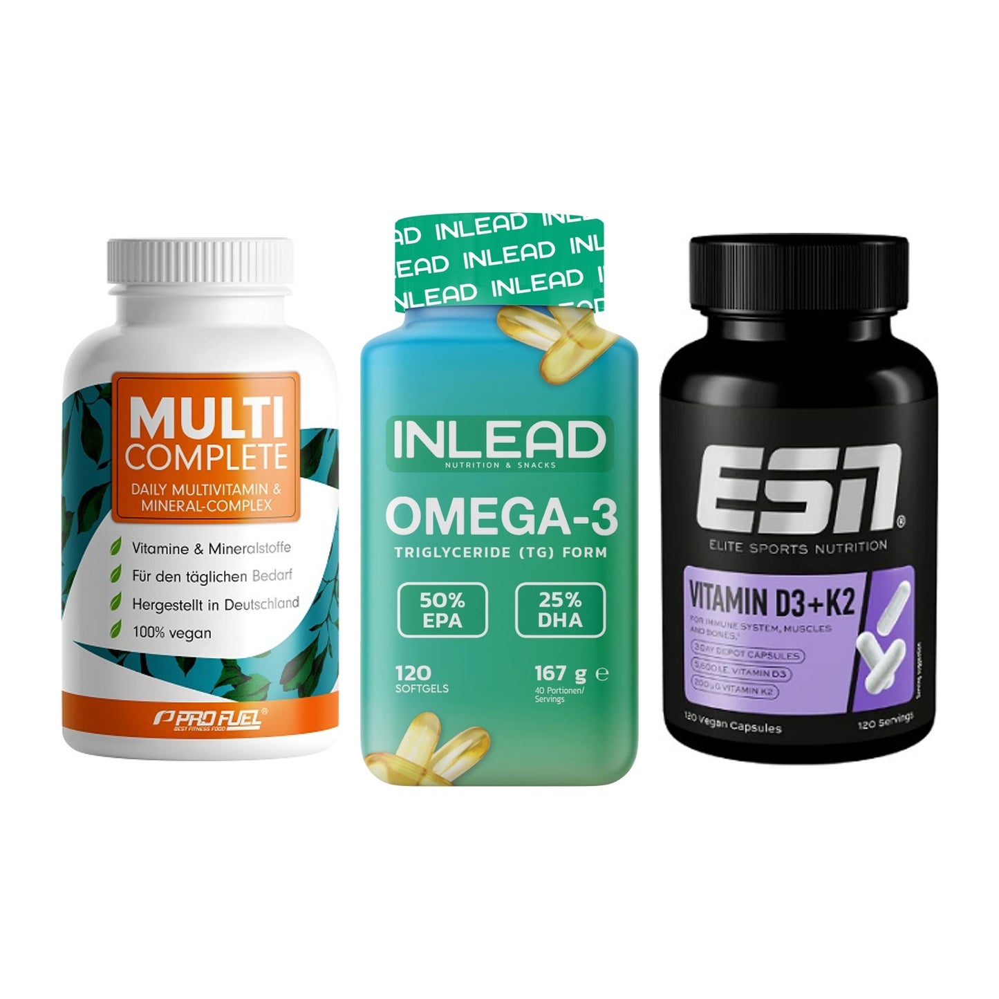 Grundversorgung: ProFuel MULTI + INLEAD Omega-3 + ESN Vitamin D3 – alle enthaltenen Artikel