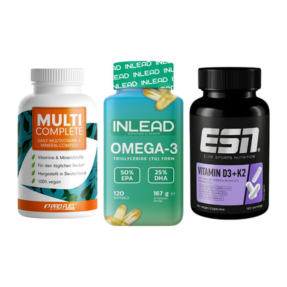 Grundversorgung: ProFuel MULTI + INLEAD Omega-3 + ESN Vitamin D3 – alle enthaltenen Artikel
