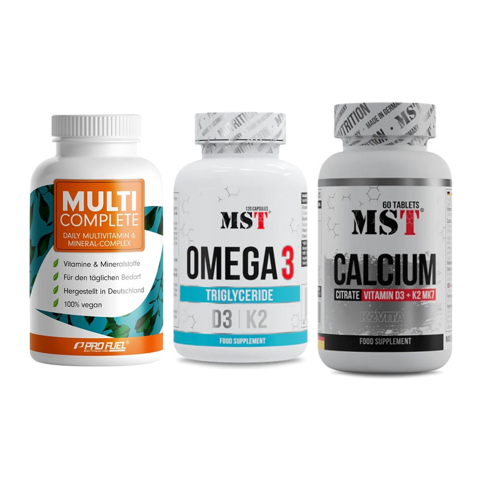 Grundversorgung: ProFuel MULTI + MST Omega 3 500 + MST Calcium – alle enthaltenen Artikel