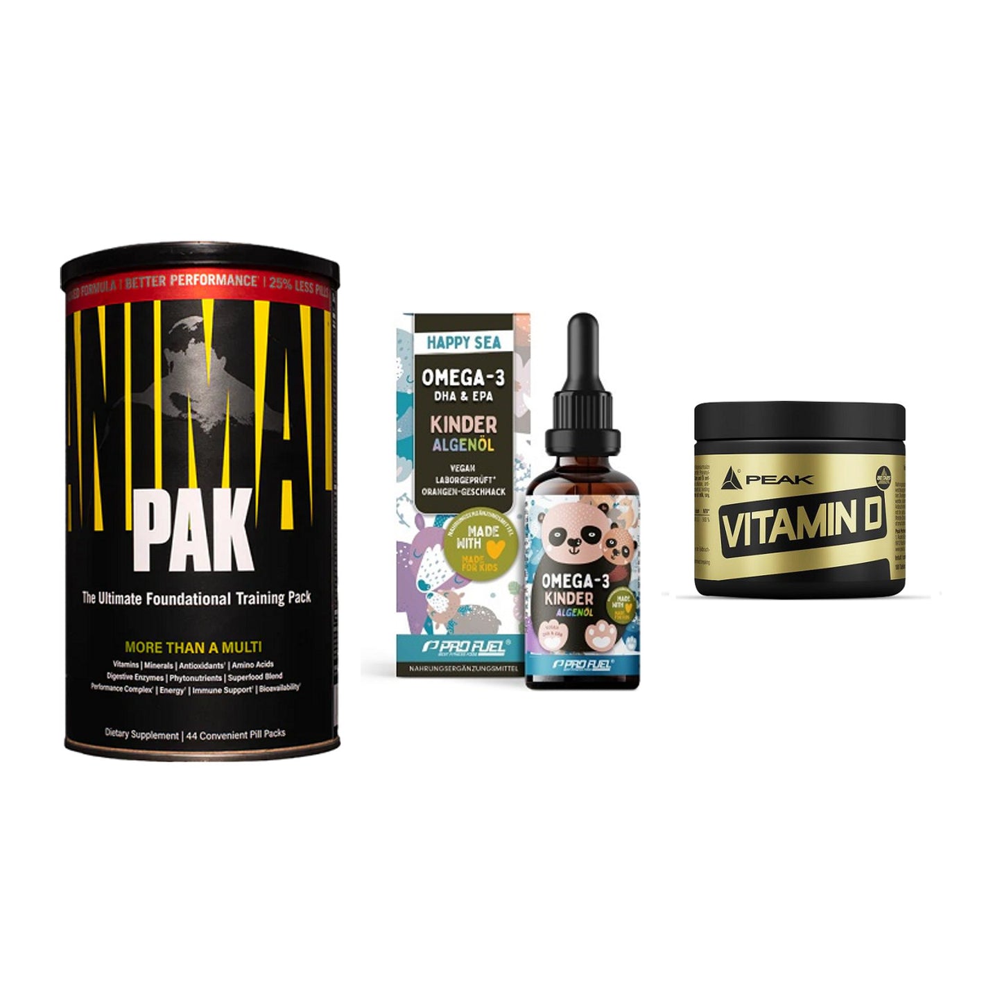 Grundversorgung: Universal + ProFuel OMEGA-3 + Peak Vitamin D – alle enthaltenen Artikel
