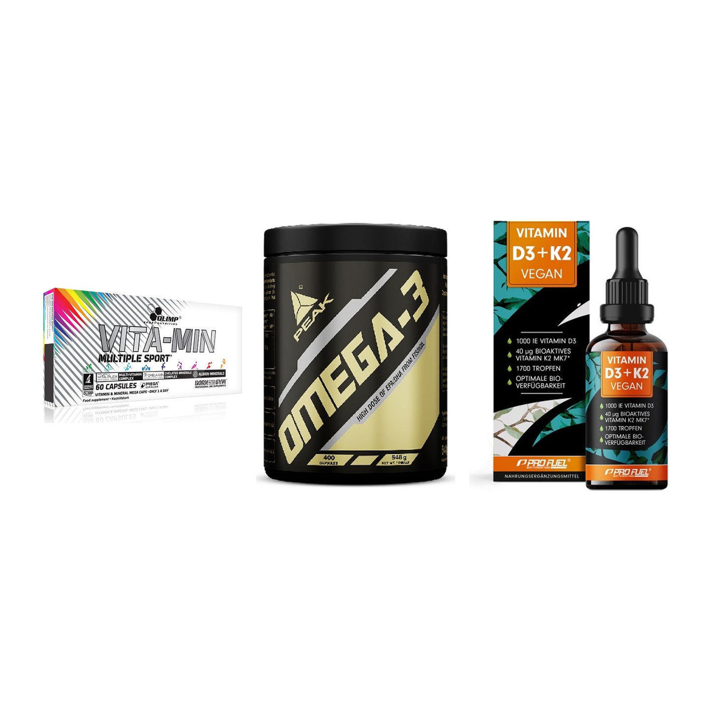 Grundversorgung: Olimp Vita-Min + Peak Omega-3 + ProFuel Vitamin – alle enthaltenen Artikel