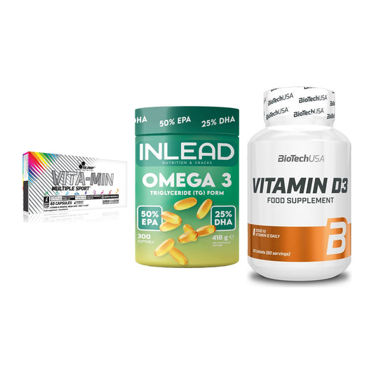 Grundversorgung: Olimp Vita-Min + INLEAD Omega-3 + BioTech Vitamin – alle enthaltenen Artikel