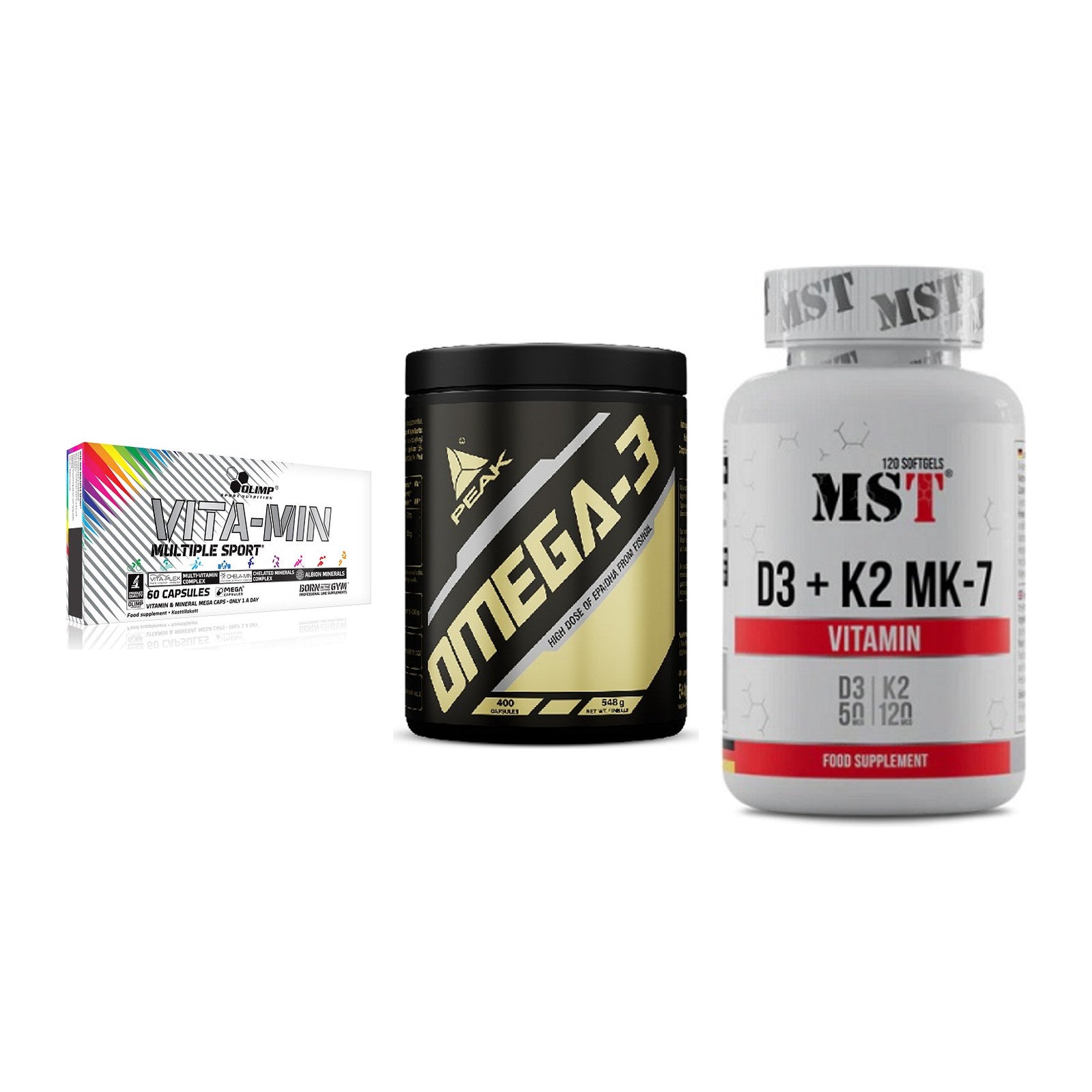 Grundversorgung: Olimp Vita-Min + Peak Omega-3 + MST Vitamin D3 – alle enthaltenen Artikel
