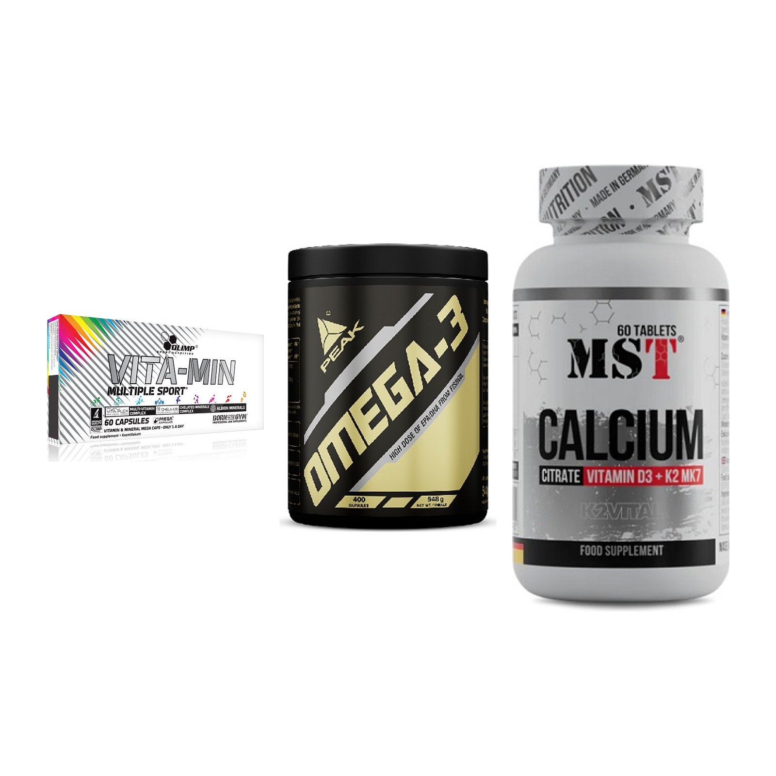 Grundversorgung: Olimp Vita-Min + Peak Omega-3 + MST Calcium – alle enthaltenen Artikel