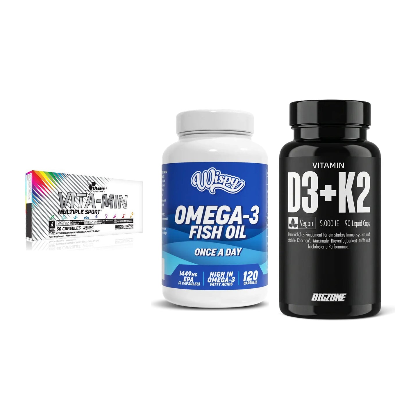 Grundversorgung: Olimp Vita-Min + Wispy Omega 3 + Big Zone – alle enthaltenen Artikel