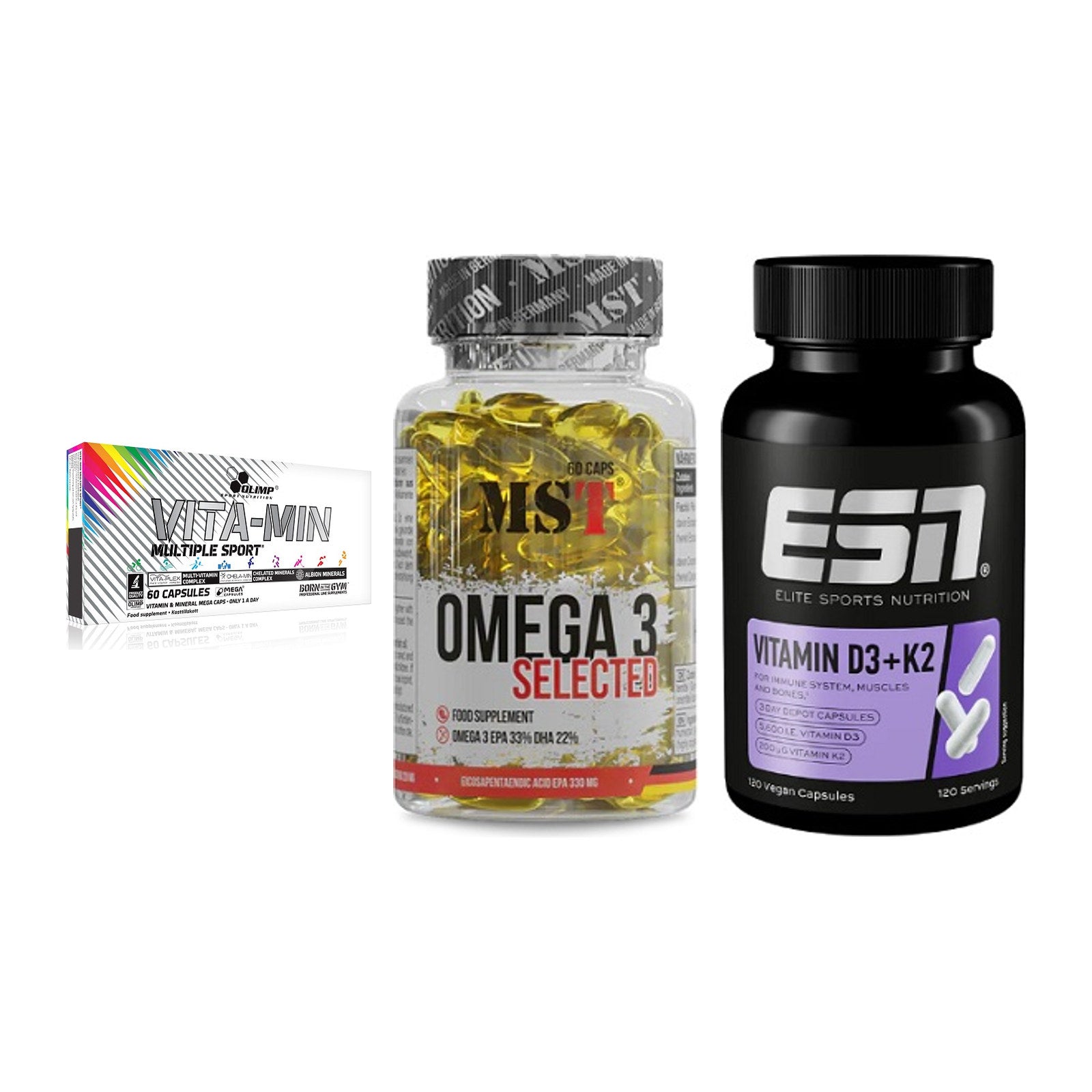 Grundversorgung: Olimp Vita-Min + MST Omega 3 + ESN Vitamin D3 – alle enthaltenen Artikel