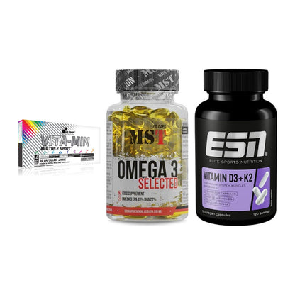 Grundversorgung: Olimp Vita-Min + MST Omega 3 + ESN Vitamin D3 – alle enthaltenen Artikel