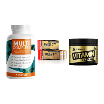 Grundversorgung: ProFuel MULTI + Nutrend Omega 3 + Peak Vitamin – alle enthaltenen Artikel