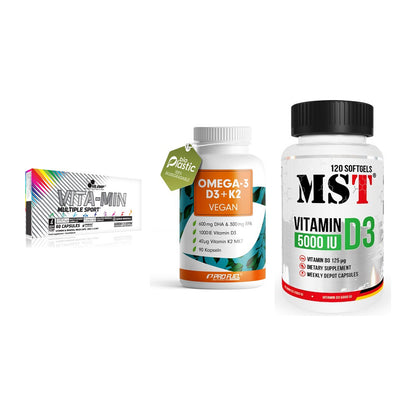 Grundversorgung: Olimp Vita-Min + ProFuel Omega 3 + MST Vitamin D3 – alle enthaltenen Artikel