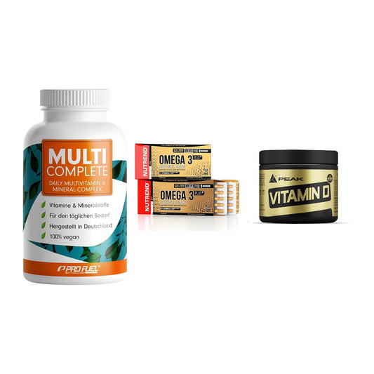 Grundversorgung: ProFuel MULTI + Nutrend Omega 3 + Peak Vitamin D – alle enthaltenen Artikel