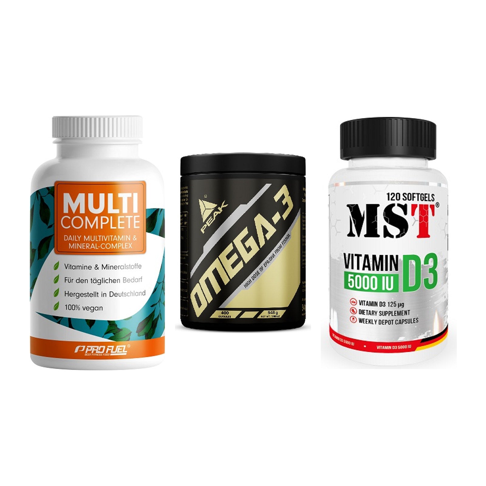 Grundversorgung: ProFuel MULTI + Peak Omega-3 + MST Vitamin D3 – alle enthaltenen Artikel