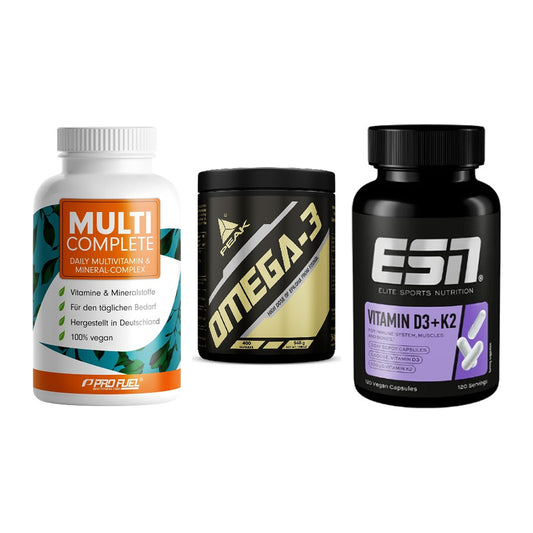 Grundversorgung: ProFuel MULTI + Peak Omega-3 + ESN Vitamin D3 – alle enthaltenen Artikel