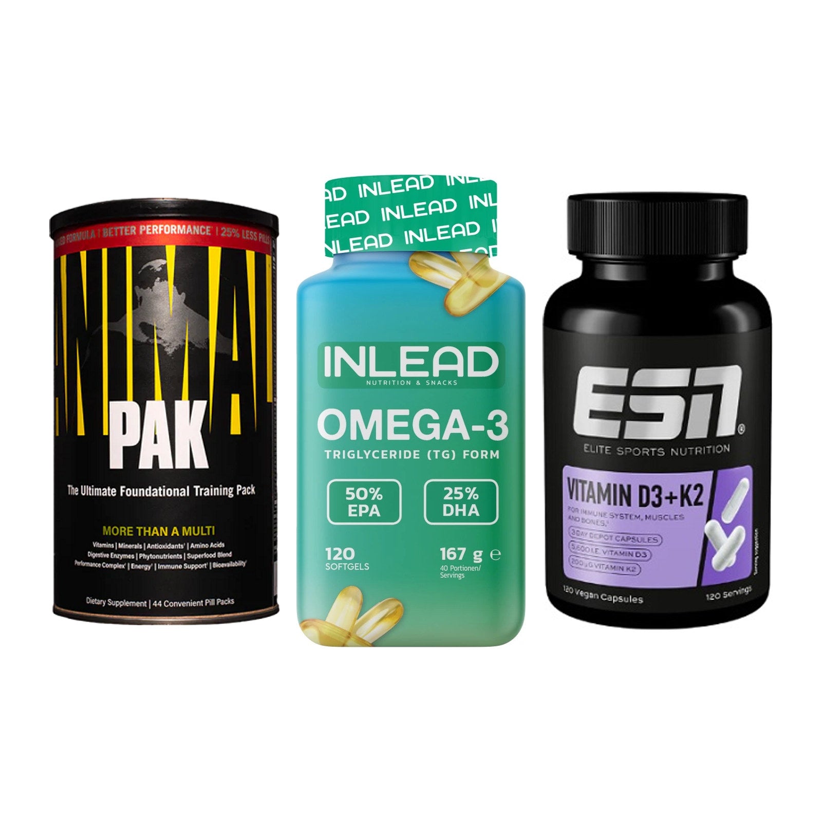Grundversorgung: Universal + INLEAD Omega-3 + ESN Vitamin D3 – alle enthaltenen Artikel