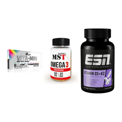 Grundversorgung: Olimp Vita-Min + MST Omega 3 + ESN Vitamin D3 – alle enthaltenen Artikel