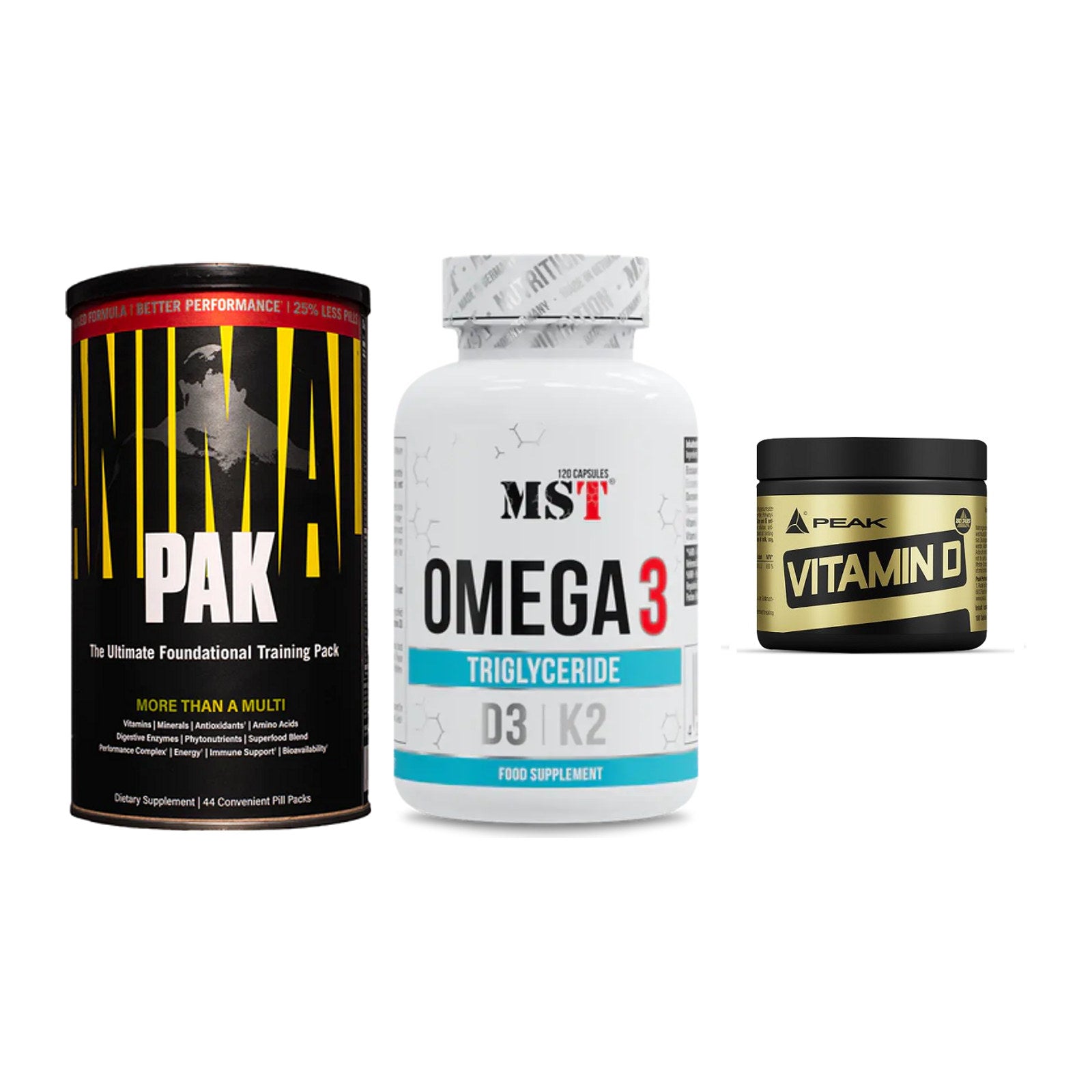Grundversorgung: Universal + MST Omega 3 500 + Peak Vitamin D – alle enthaltenen Artikel